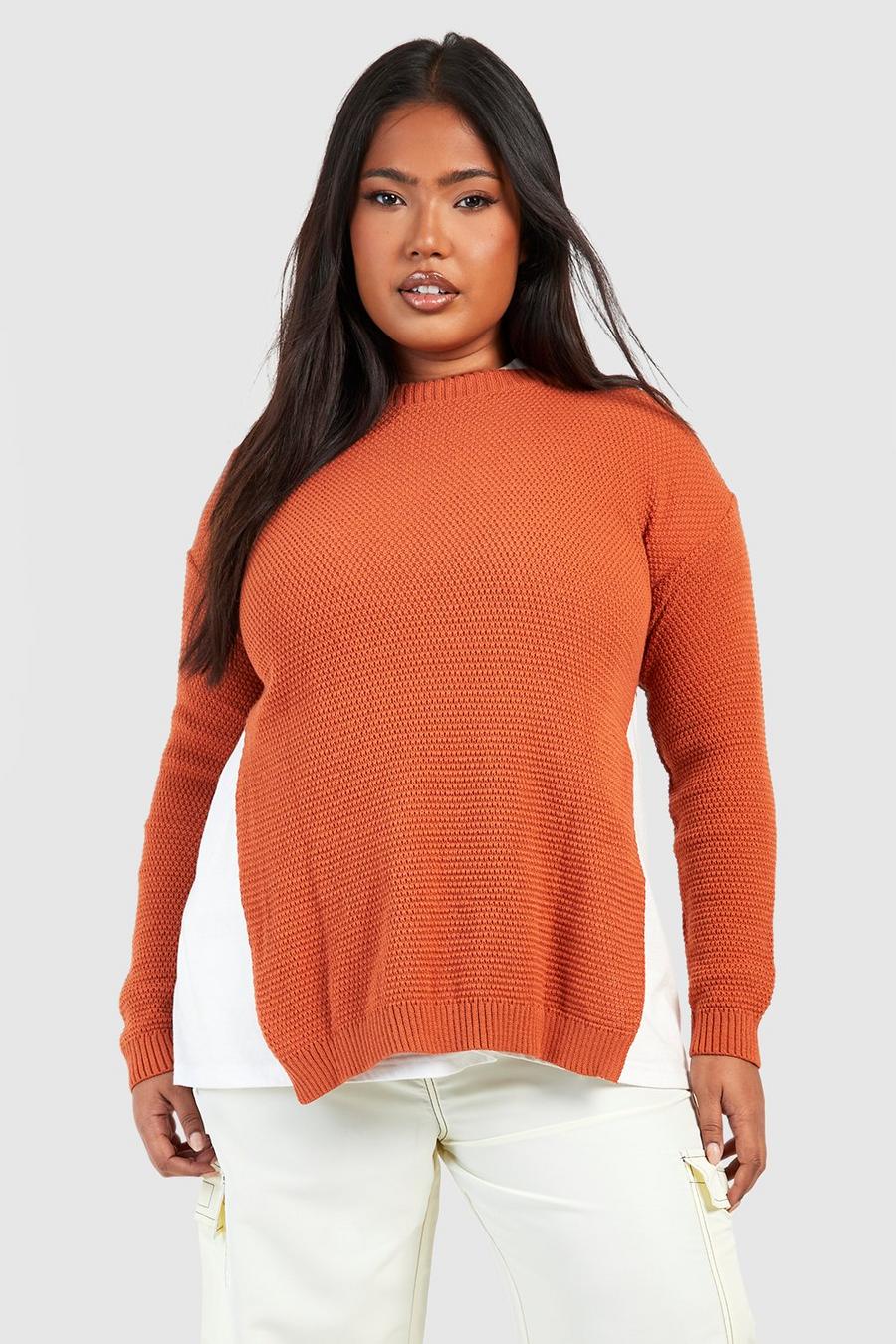 Toffee beige Plus Side Split Moss Stitch Tunic Sweater image number 1