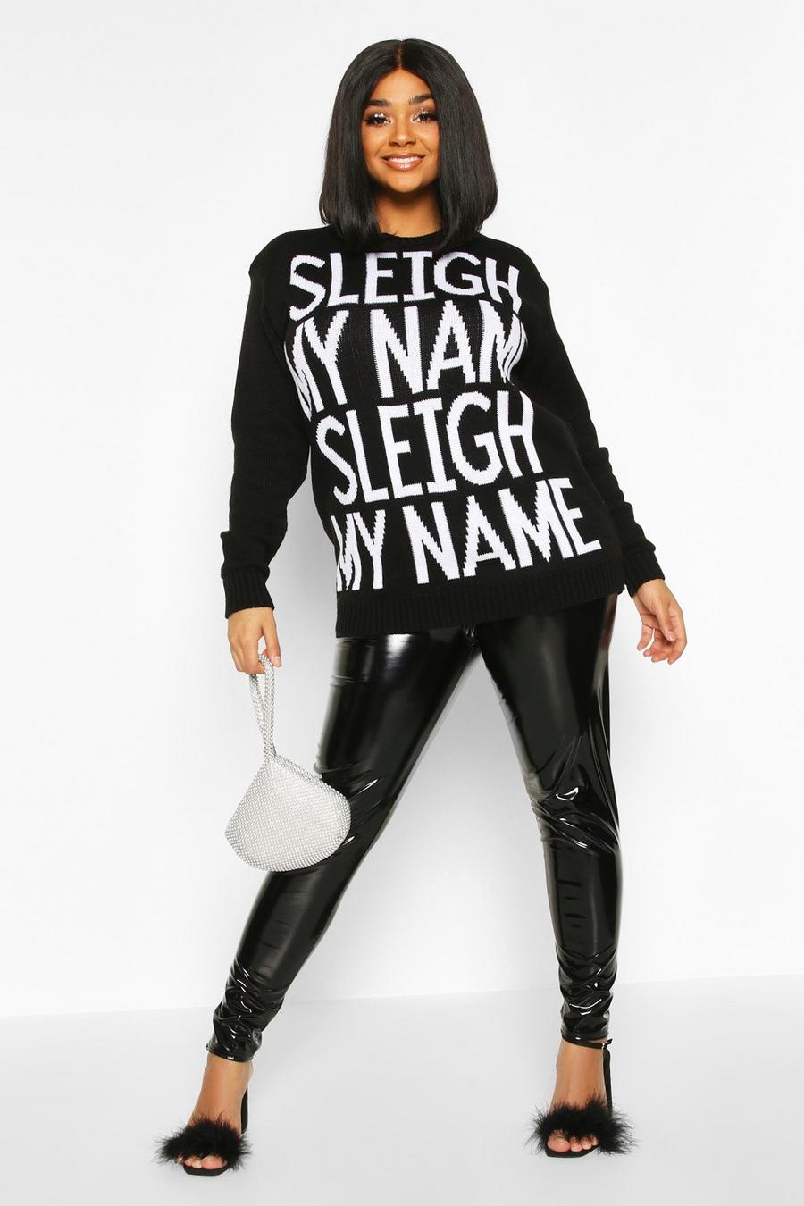 Plus Weihnachtspullover mit „Sleigh my Name“-Slogan, Schwarz image number 1