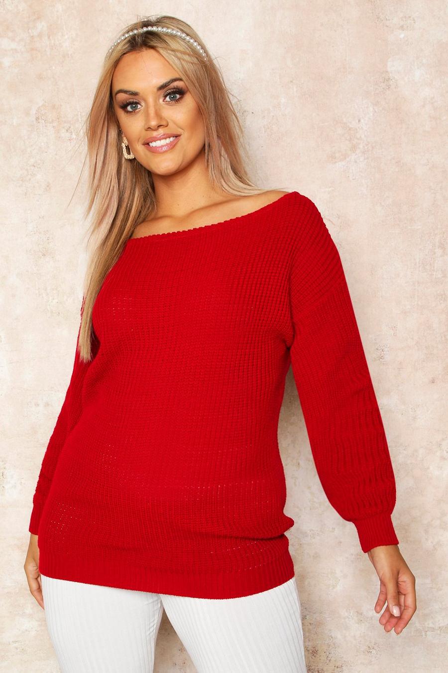 Red Plus Slash Neck Oversized Sweater image number 1