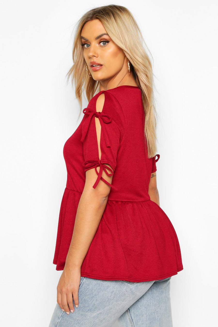 Berry rosso Plus Tie Sleeve Detail Smock Top