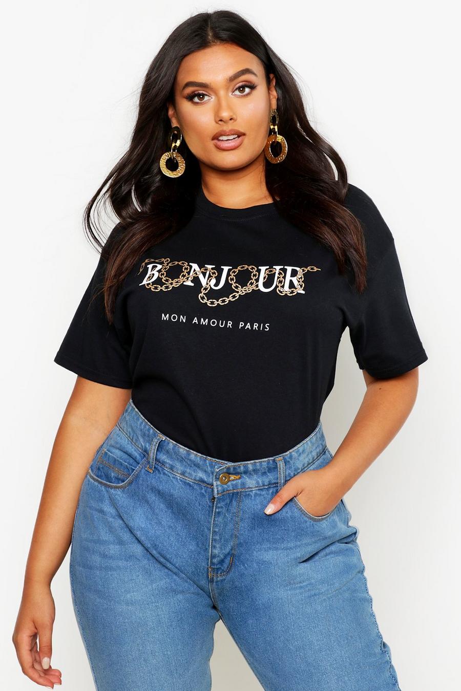 Camiseta con eslogan "Bonjour" Plus, Negro image number 1