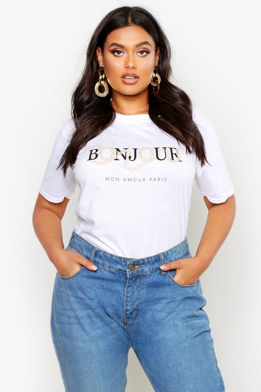 Camiseta con eslogan "Bonjour" Plus, Blanco image number 1
