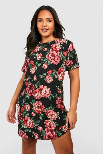 Plus Floral Cap Sleeve Shift Dress black