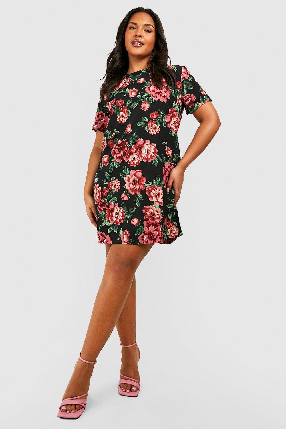 Women s Plus Floral Cap Sleeve Shift Dress Boohoo UK