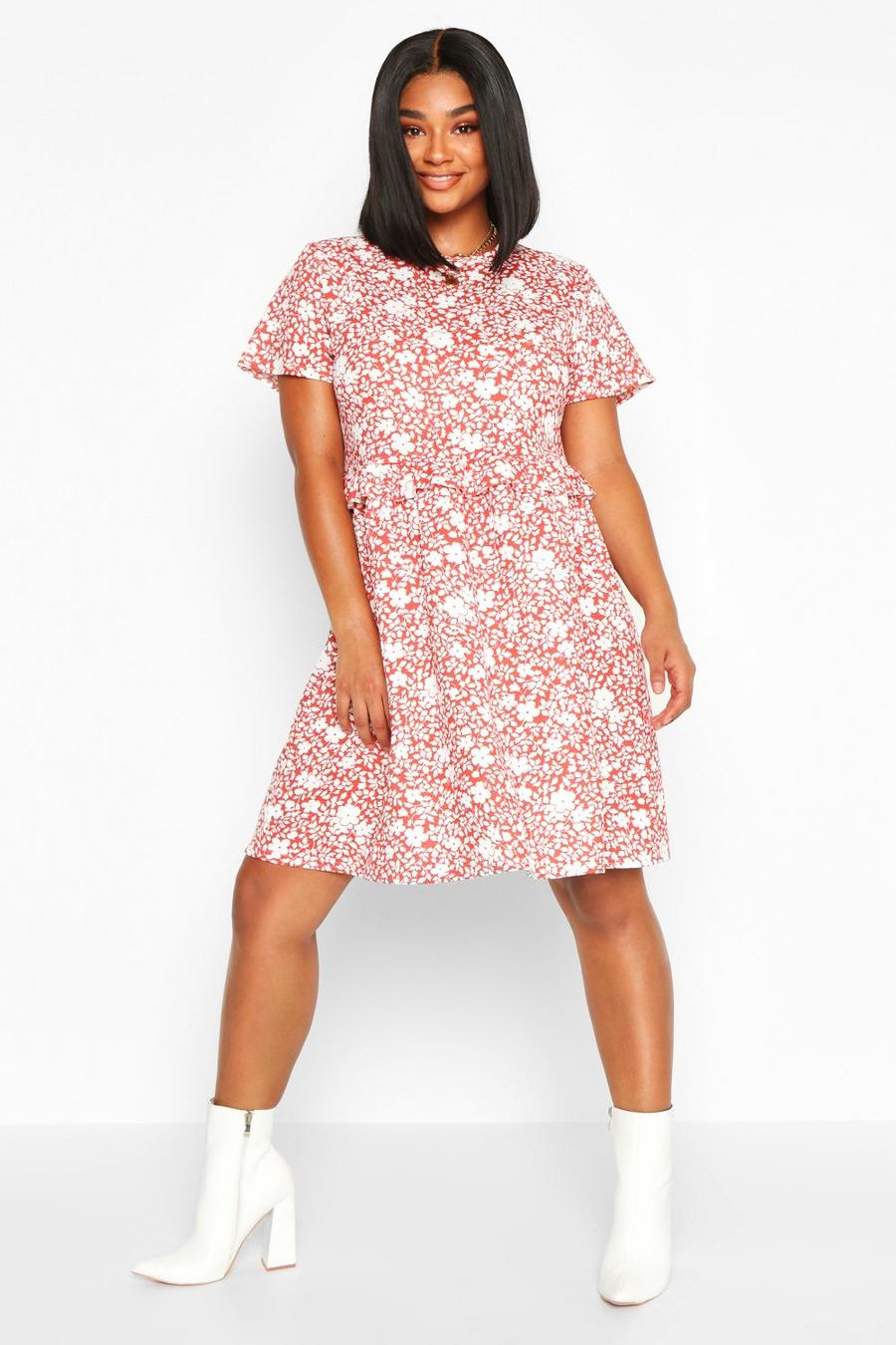 Terracotta Plus Floral Ruffle Detail Smock Dress image number 1