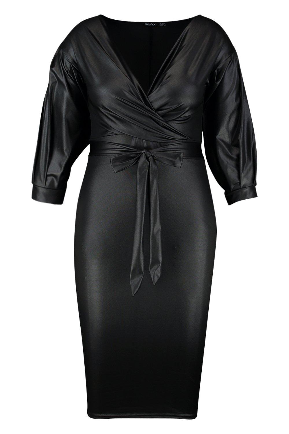 Plus Black Satin Mesh Bolero Faux Feather Trim Midi Dress