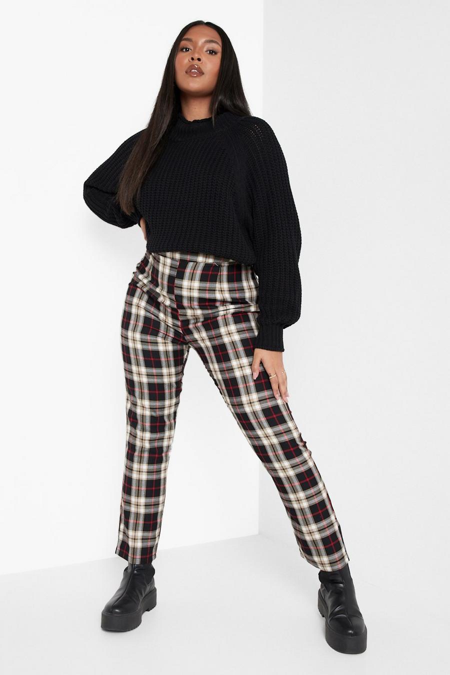 Black Plus Woven Check Tapered Pants image number 1