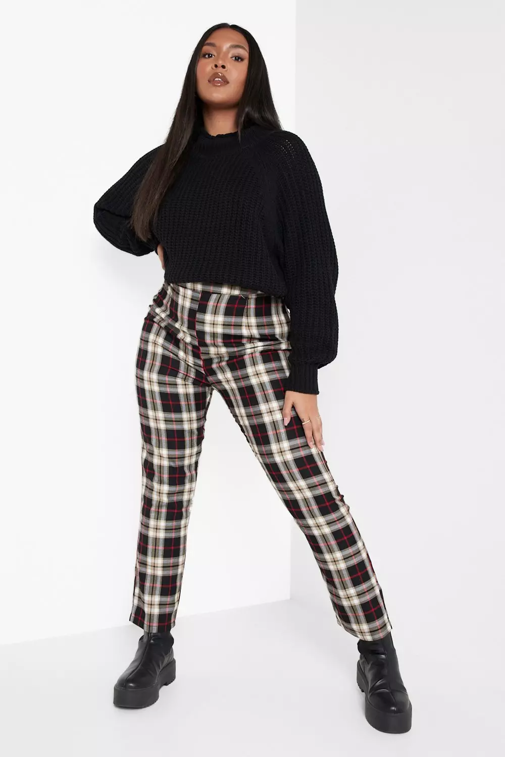 Check tapered trousers store women's