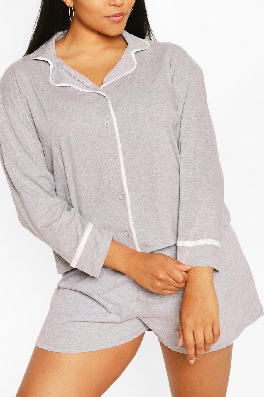 Plus Pyjama-Set mit langärmeligem Jersey-T-Shirt und Knopfleiste, Grey image number 1