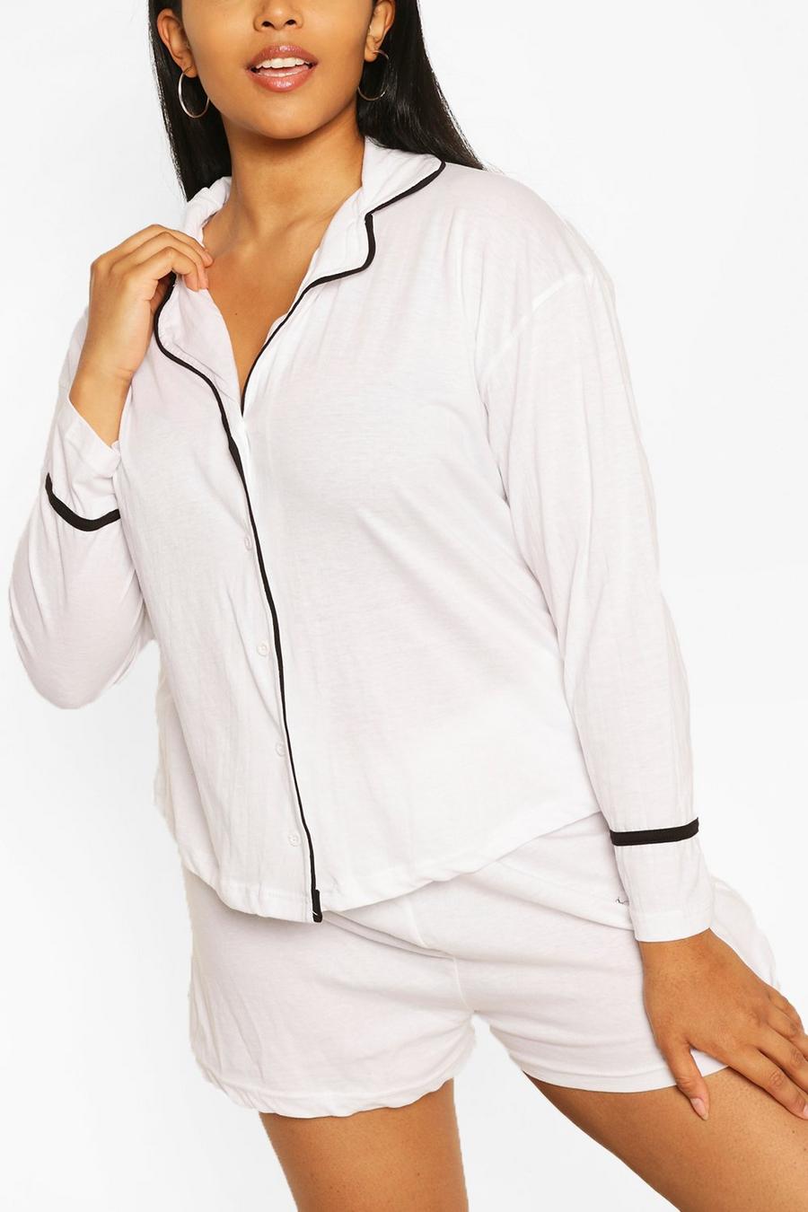 White Plus Long Sleeve Button Jersey T-Shirt PJ Set image number 1