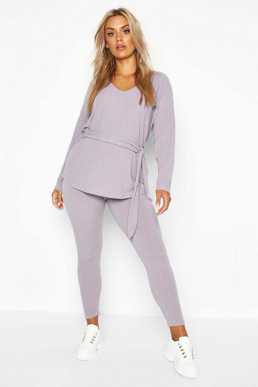 Grey Plus Soft Rib Top And Legging Two-Piece
