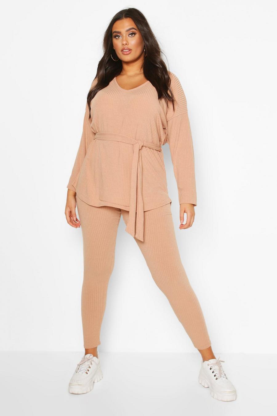 Stone beige Plus Soft Rib Top and Legging Co-Ord image number 1