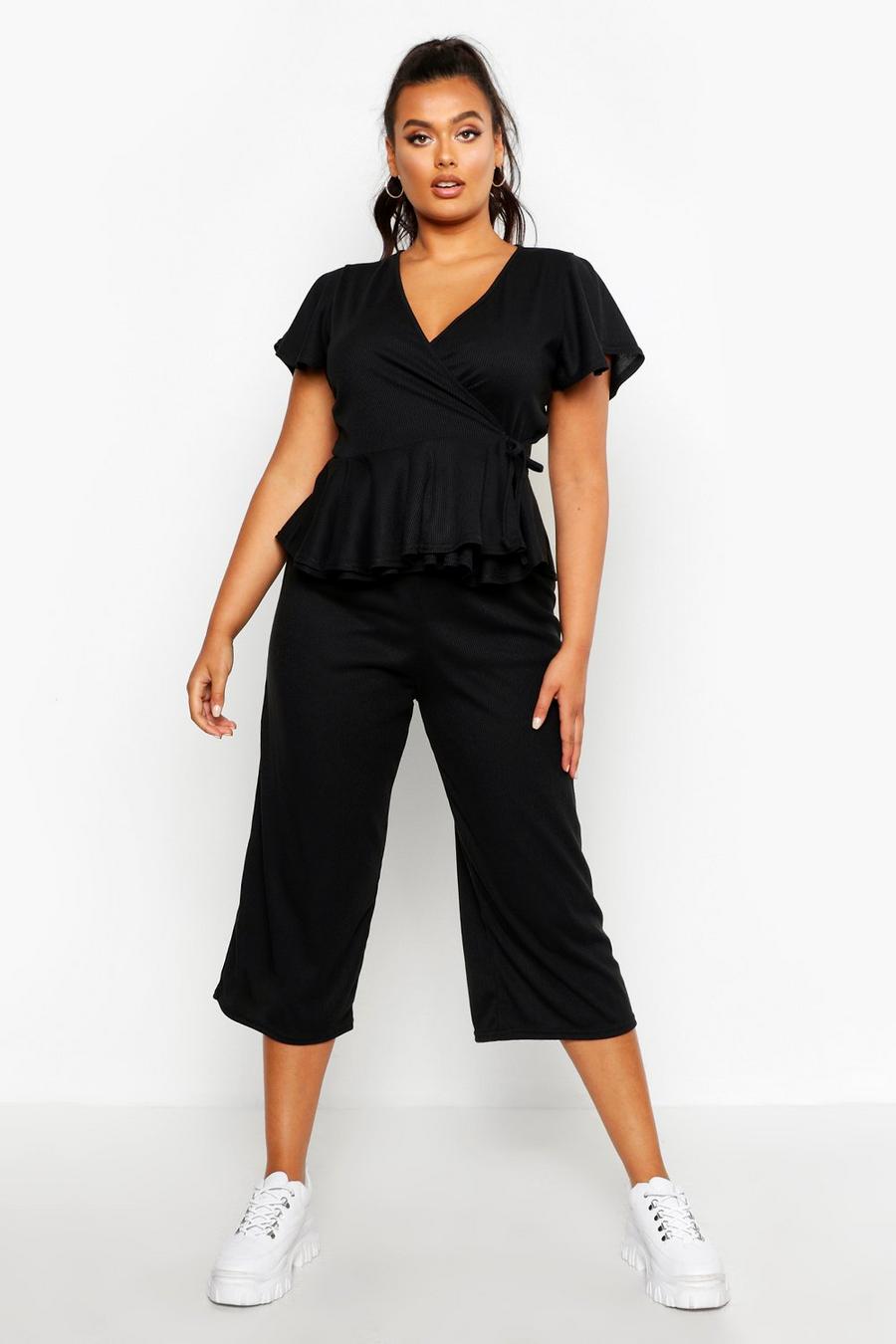 Black Plus Rib Wrap Cap Sleeve Top & Culotte Two-Piece image number 1