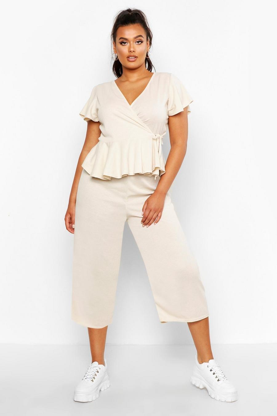 Plus Rib Wrap Cap Sleeve Top & Culotte Co-Ord image number 1
