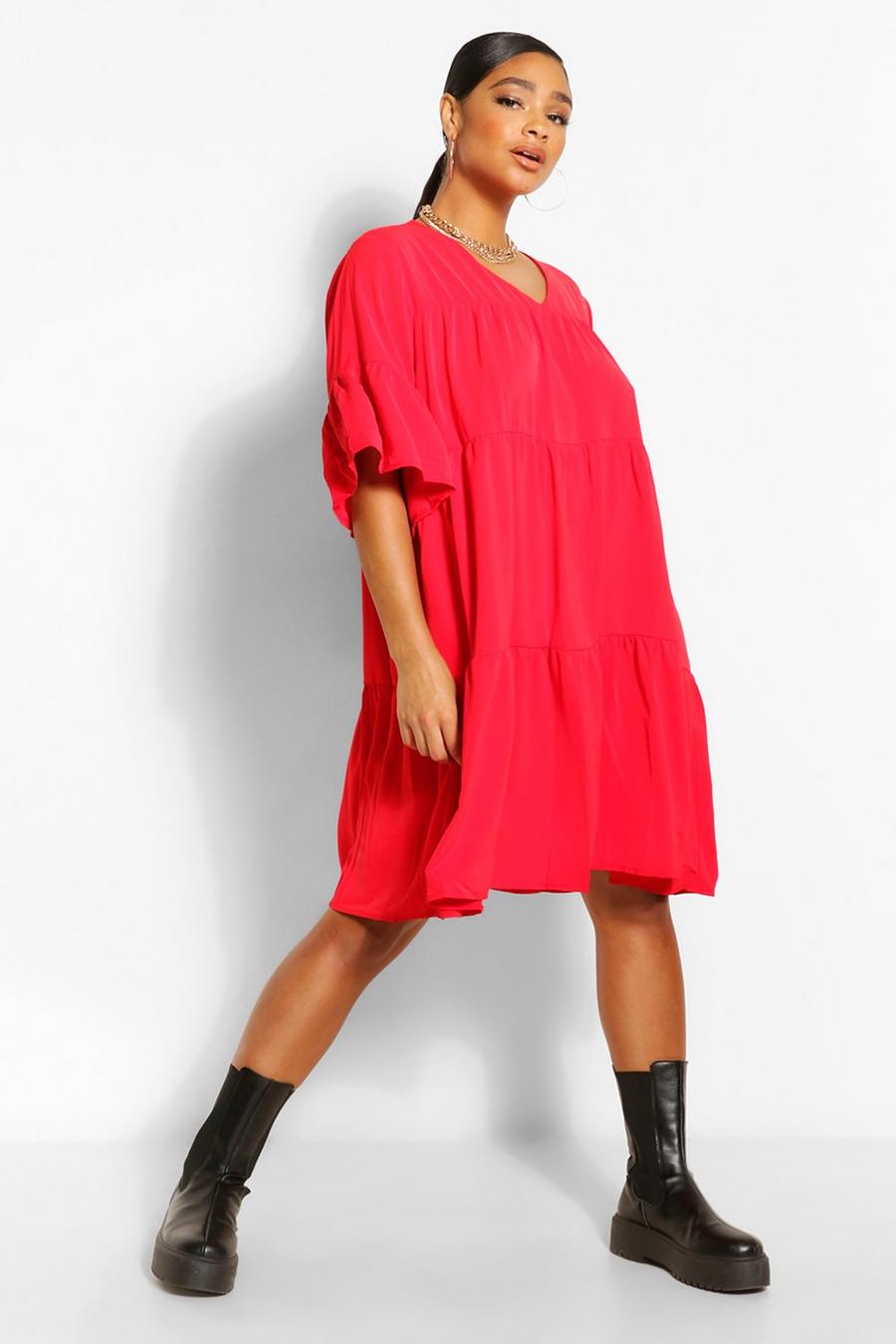 Red Plus Ruched Detail Smock Dress image number 1