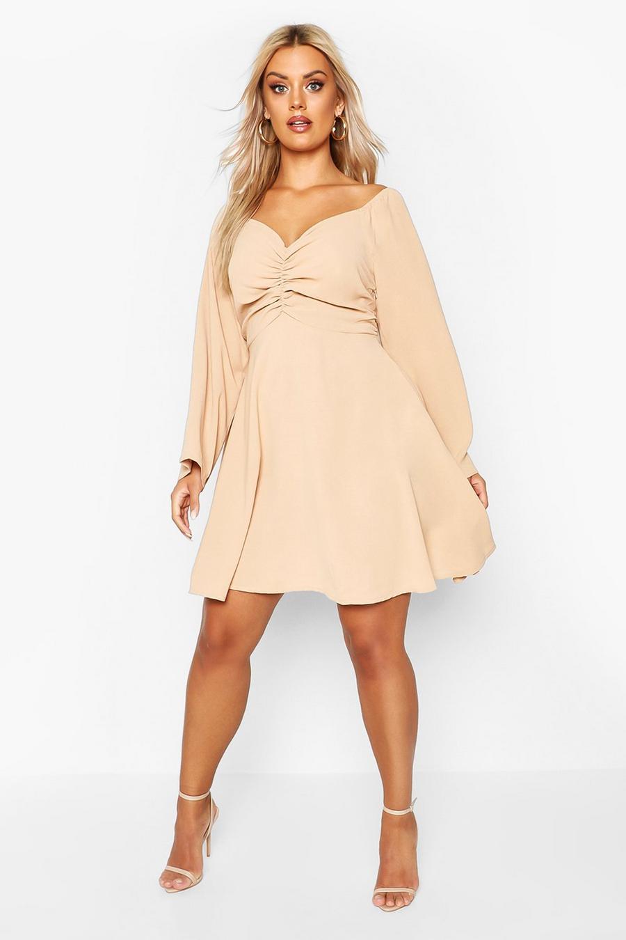 Tan Plus Puff Sleeve Ruched Detail Skater Dress image number 1