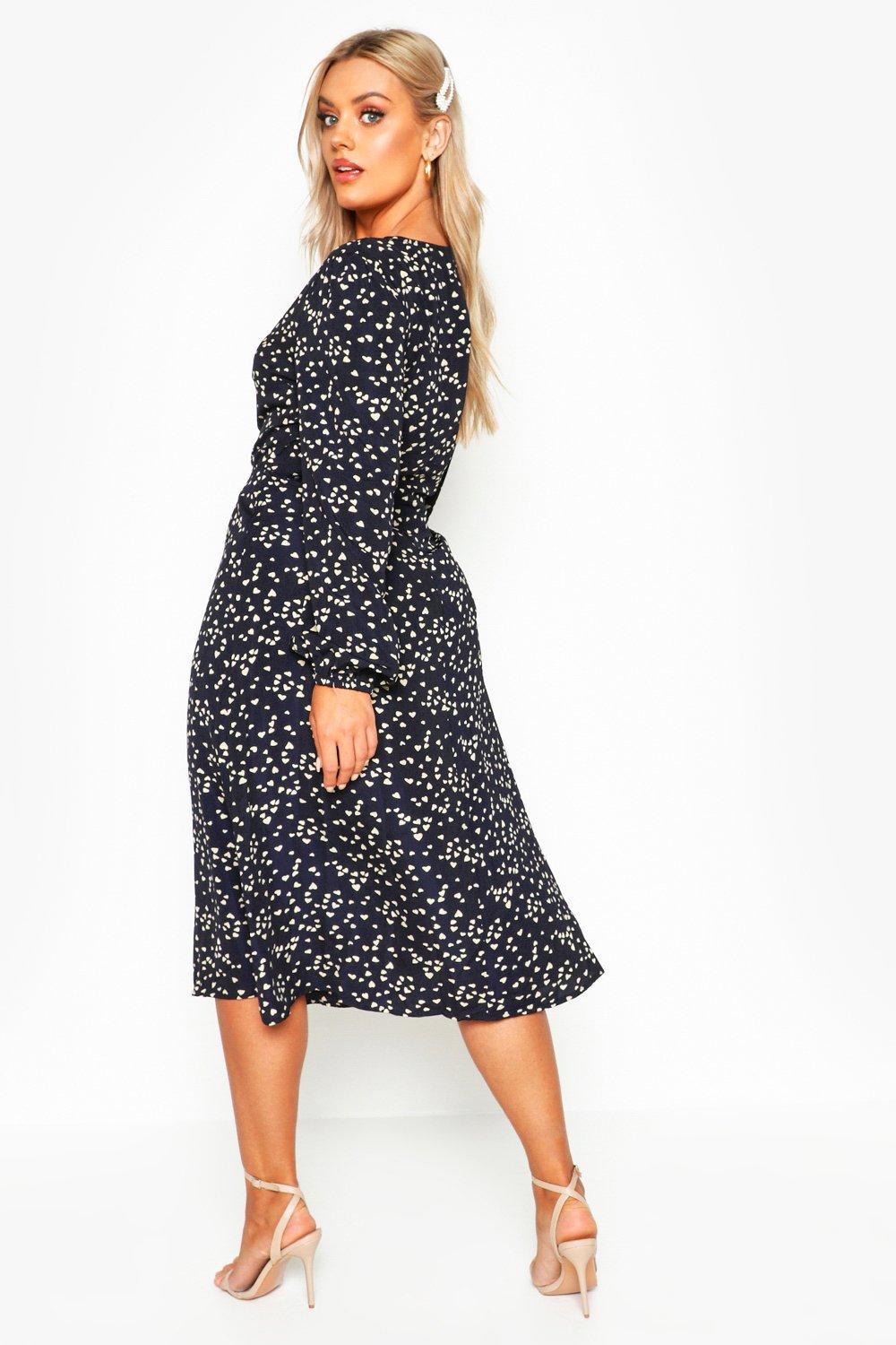 print wrap midi dress