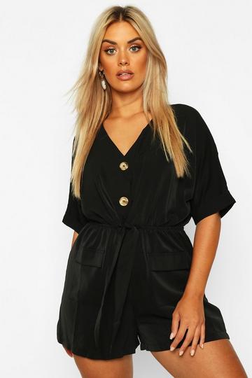 Plus Button Detail Tie Front Playsuit black