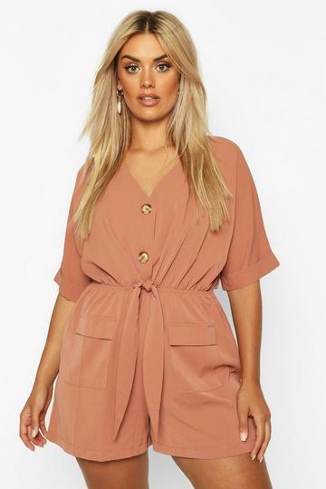 Plus Button Detail Tie Front Playsuit mocha