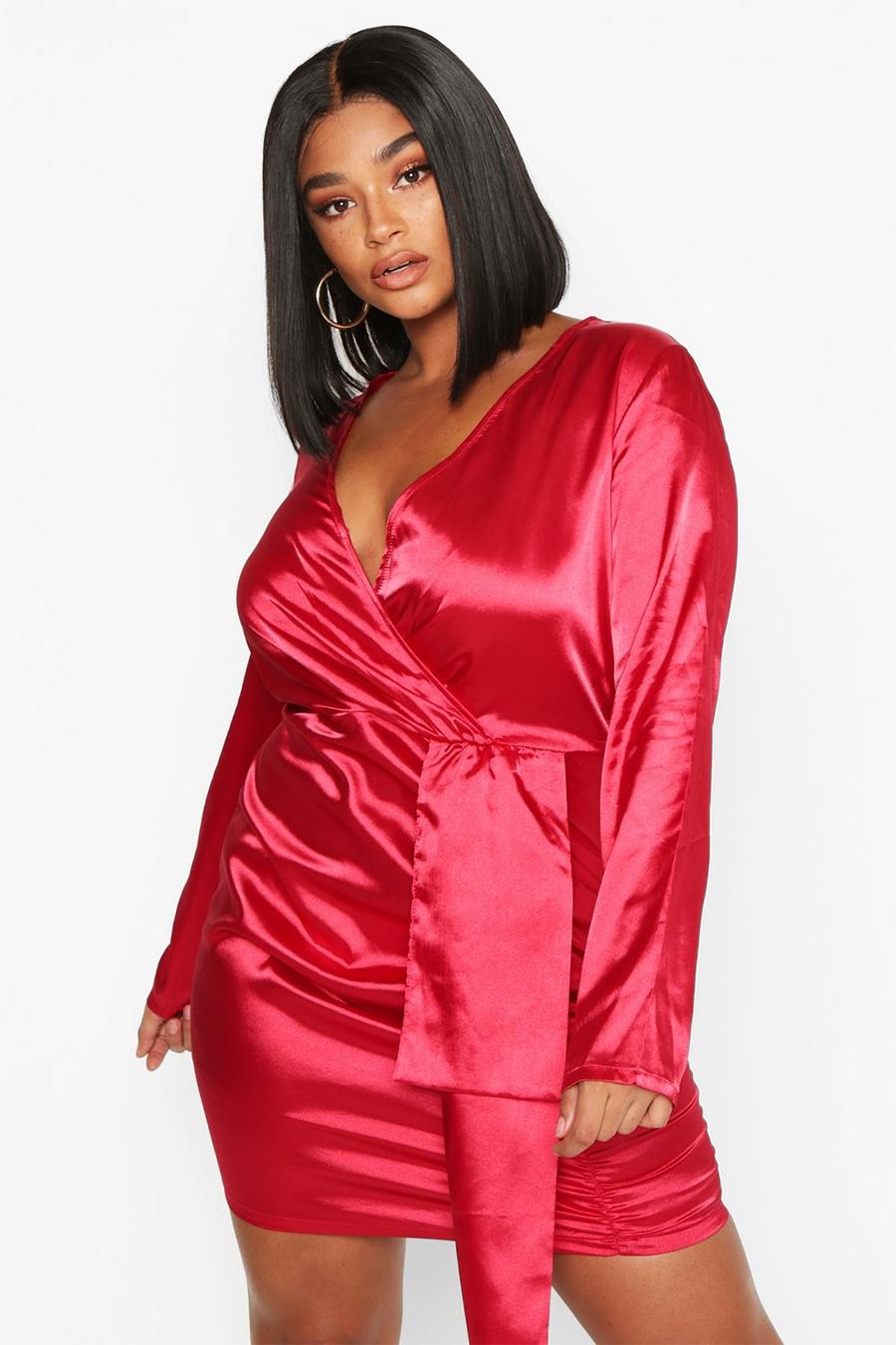 Wine Plus Satin Plunge Ruched Wrap Dress image number 1