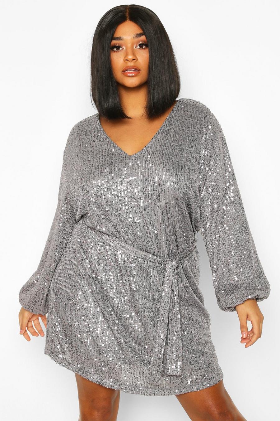 Silver Plus Sequin Belted Blouson Sleeve Wrap Dress image number 1