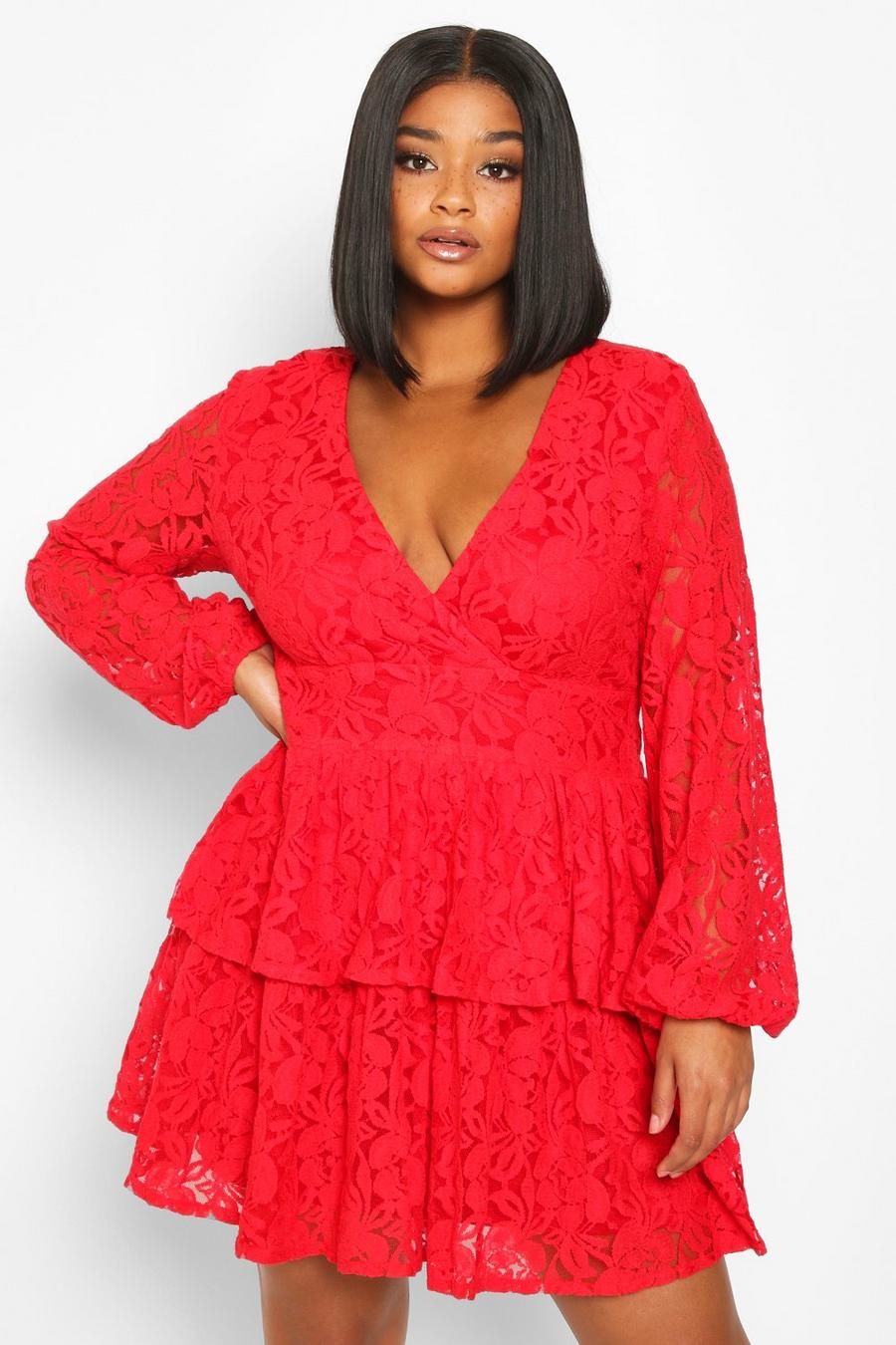 Red Plus Lace Plunge Ruffle Skater Dress