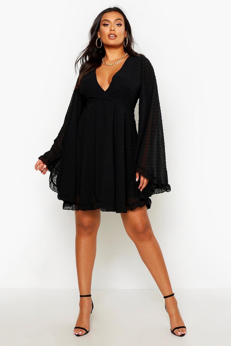 שחור שמלת סקייטר מבד שיפון דובי עם שרוול רחב מידות גדולות image number 1