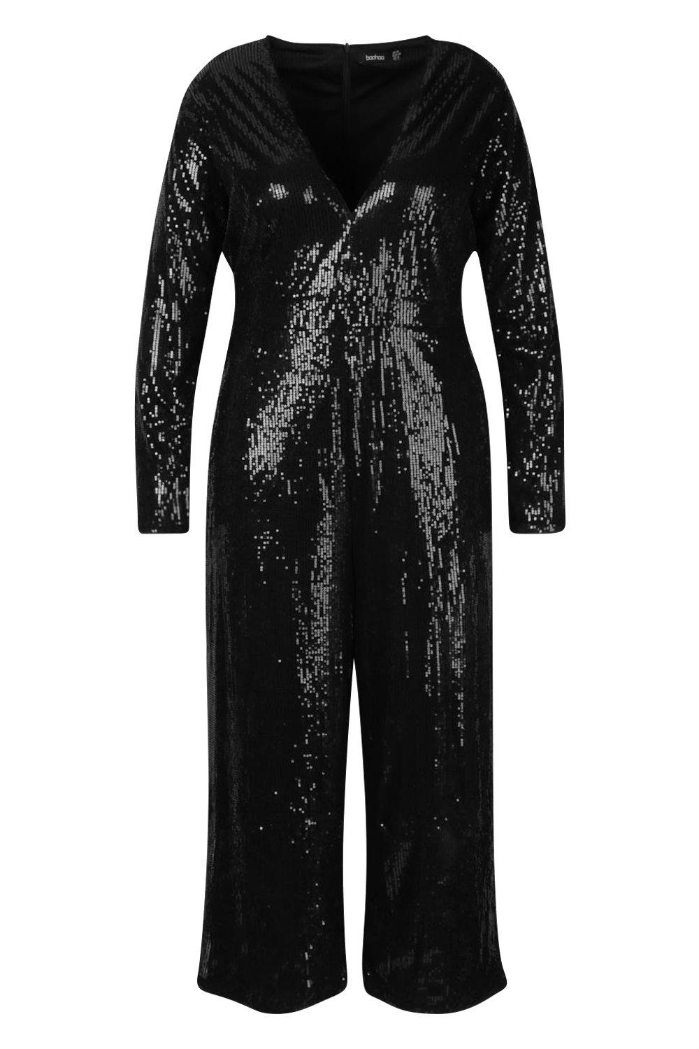 Plus Sequin Plunge Culotte Jumpsuit