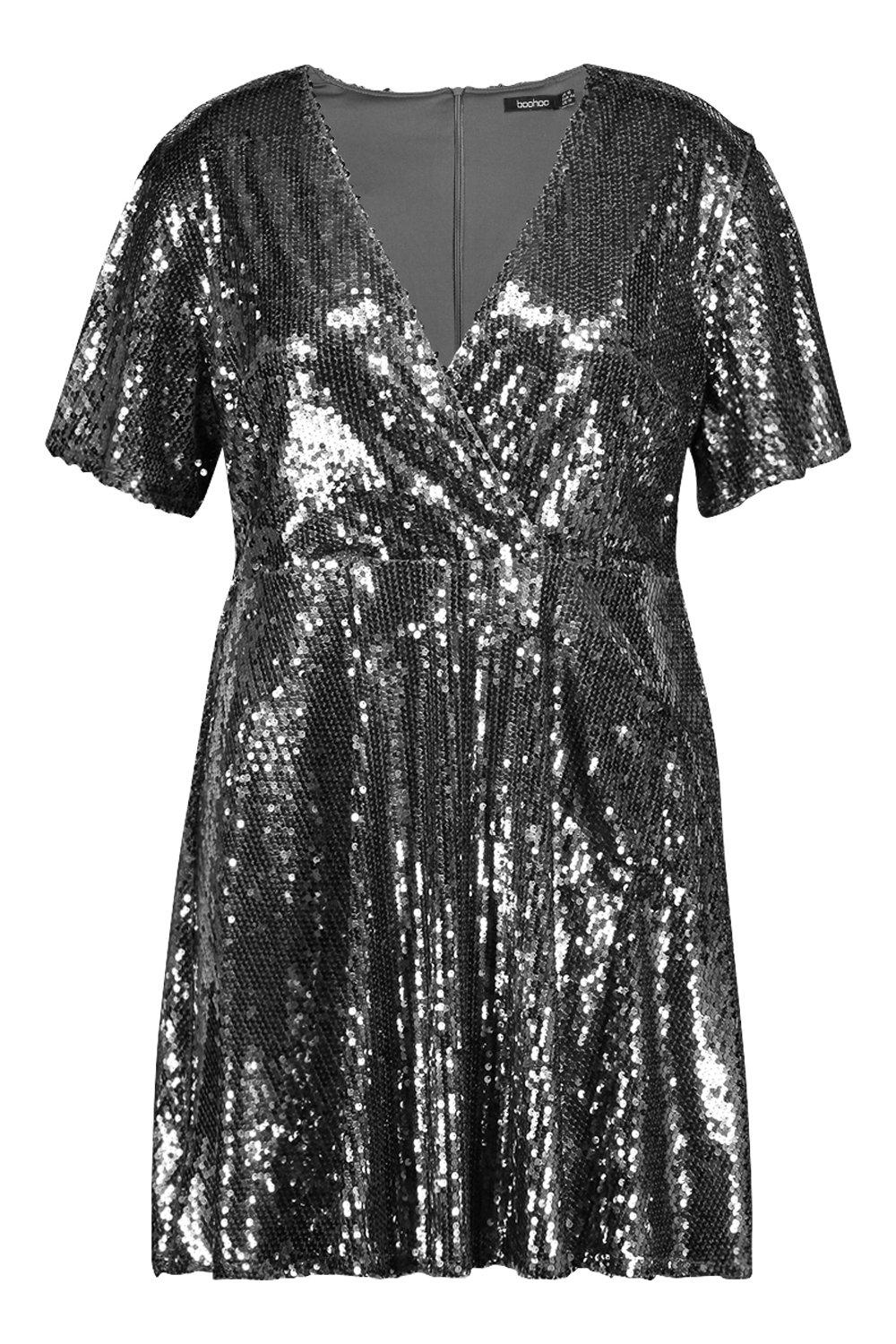 plus sequin wrap skater dress