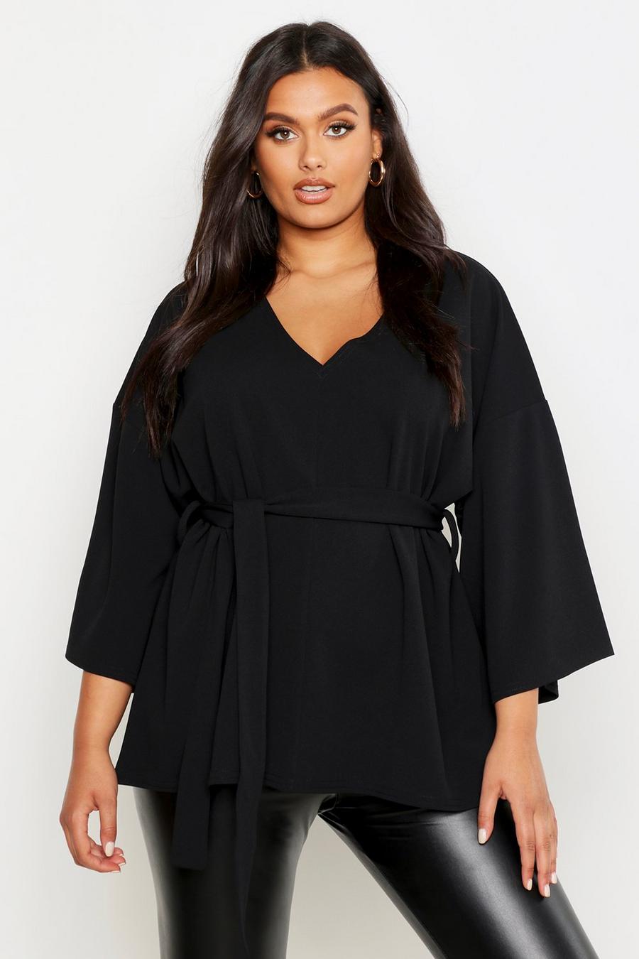 Top Plus Size con laccetti e maniche stile kimono, Nero black