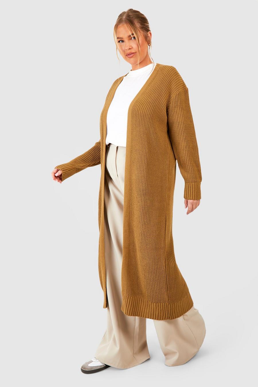 Camel beige Plus Longline Knitted Maxi Cardigan