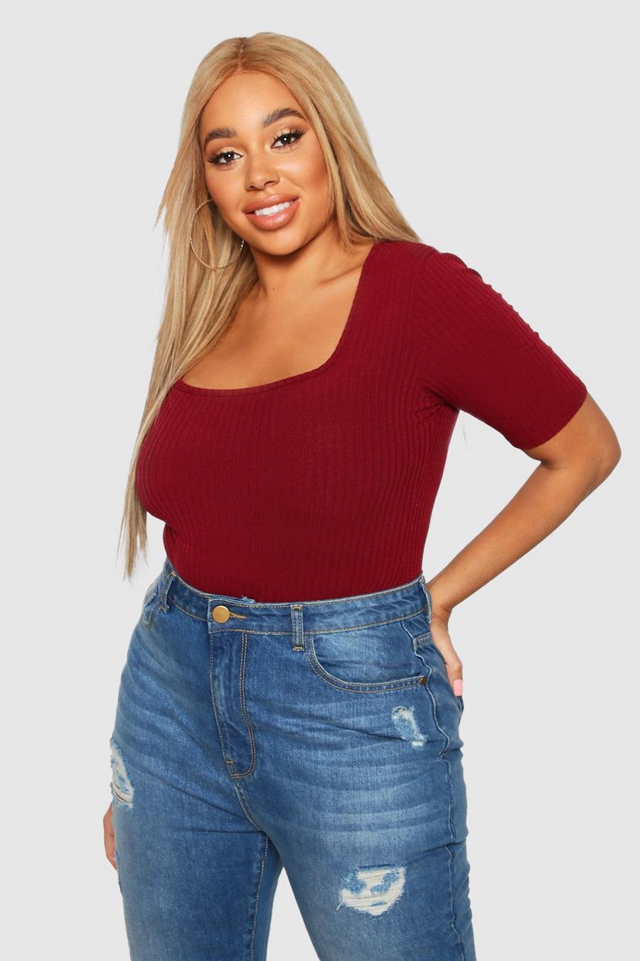 Berry red Plus Rib Knit Short Sleeve Bodysuit image number 1
