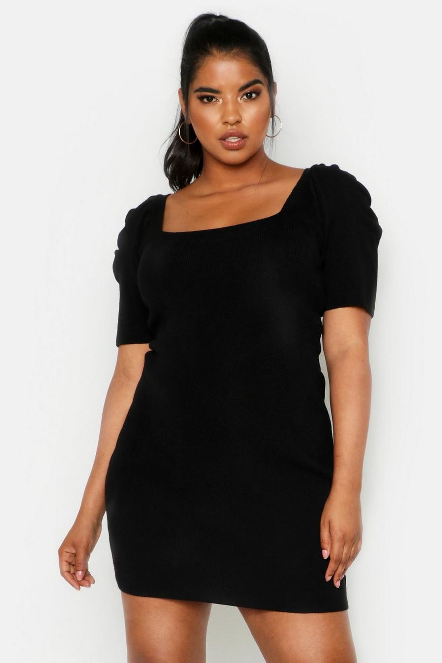 Black Plus Puff Sleeve Knitted Dress image number 1
