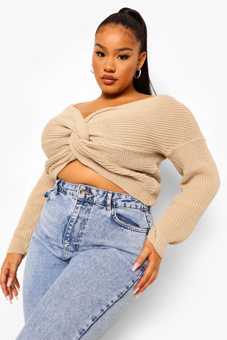 Beige Plus Twist Front Knitted Jumper image number 1