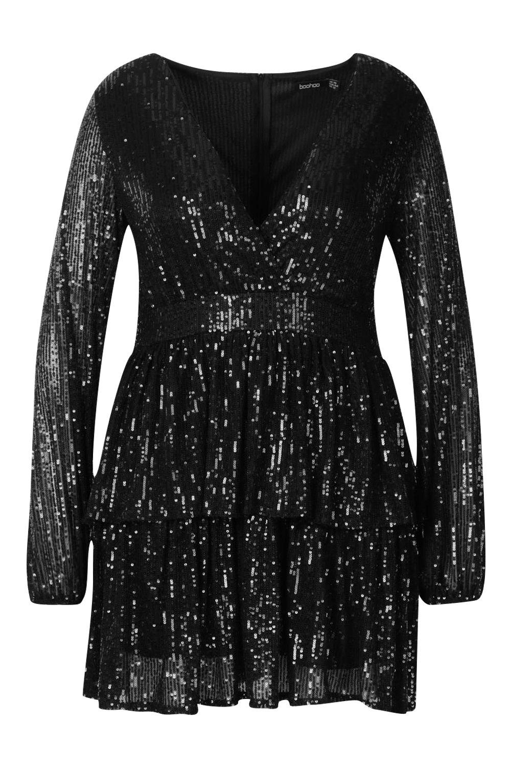 Plus Sequin Plunge Tiered Skater Dress