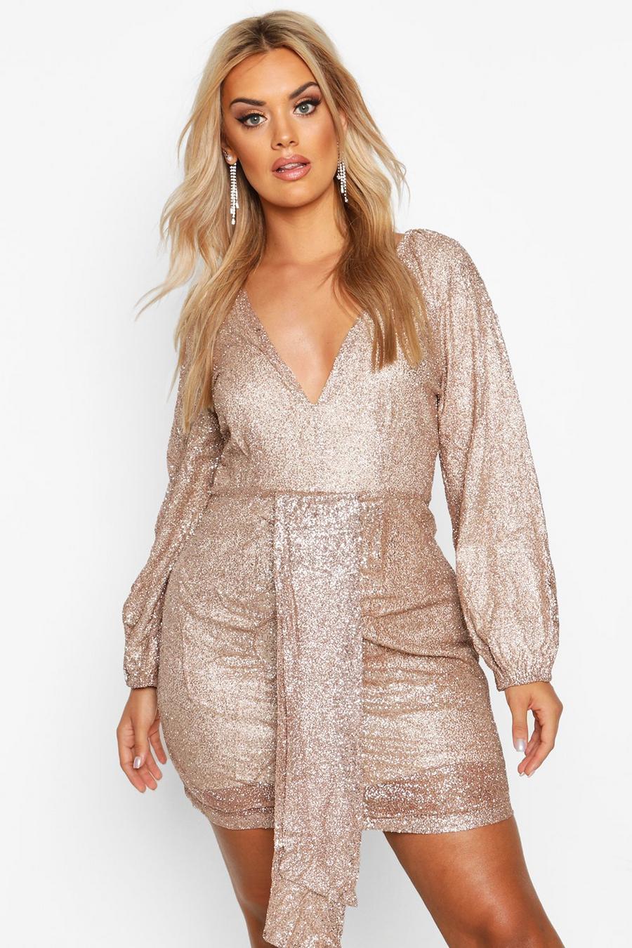 Gold metallic Plus Sequin Plunge Ruched Detail Dress image number 1