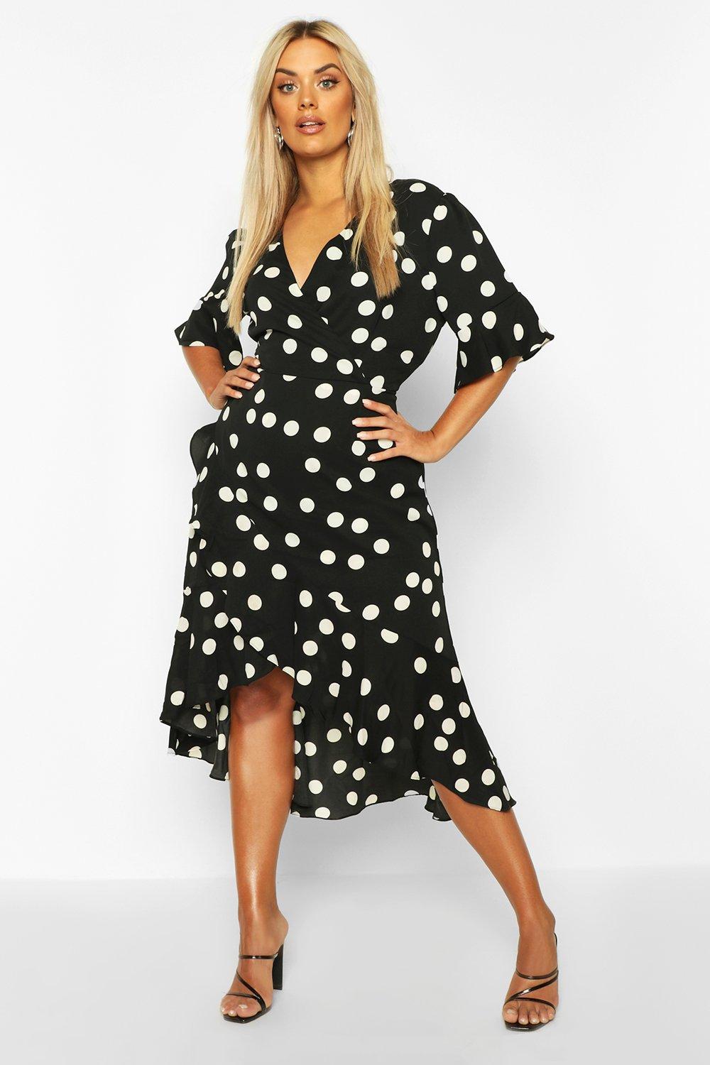 boohoo tiered ruffle mini dress with keyhole tie detail in mono polka dot