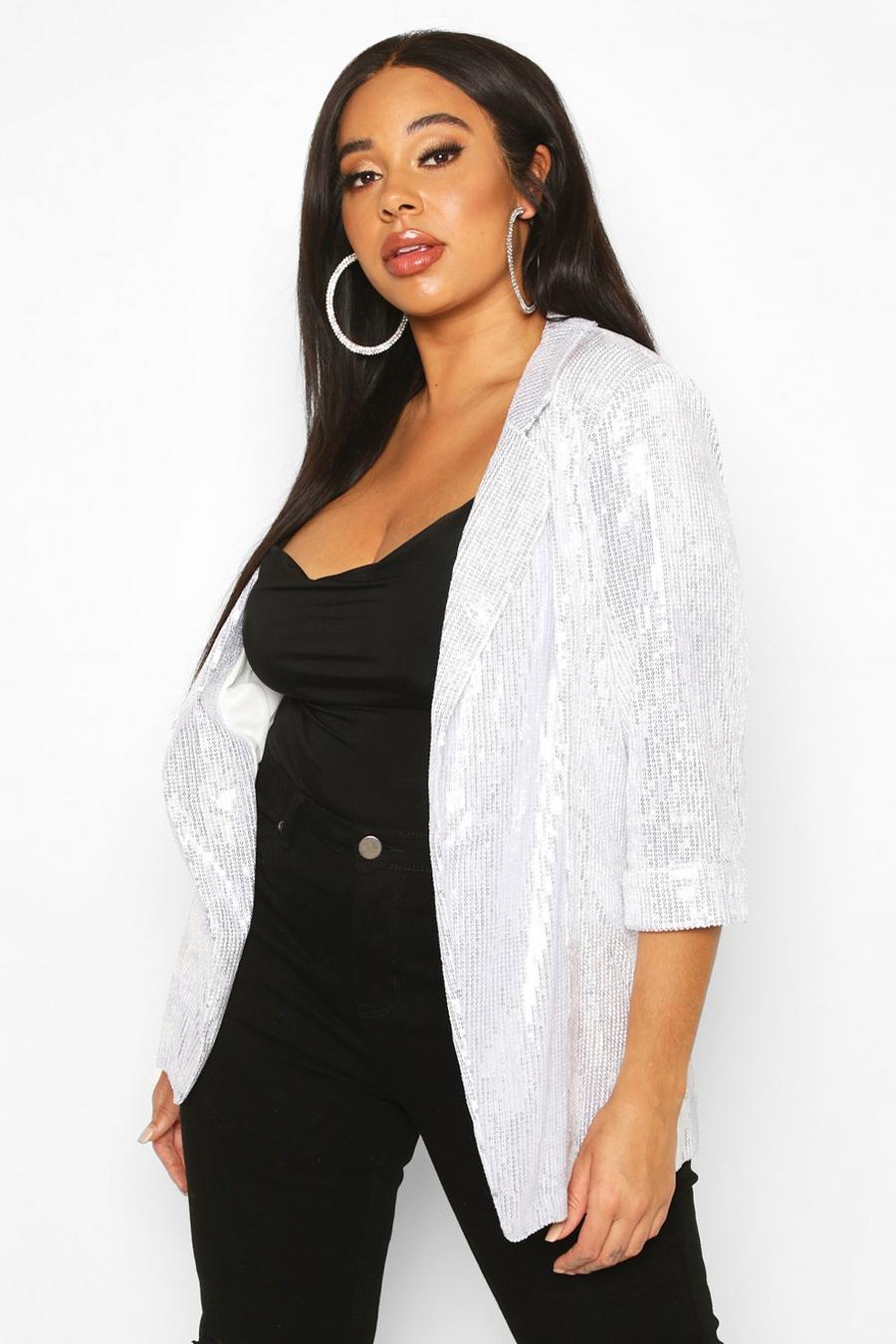 Plus blazer oversize in velluto con paillettes, Bianco image number 1