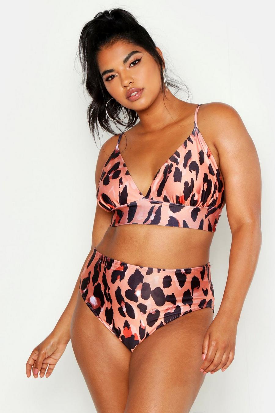 Brown Plus Leopard bikini med triangeltopp och hög benskärning image number 1