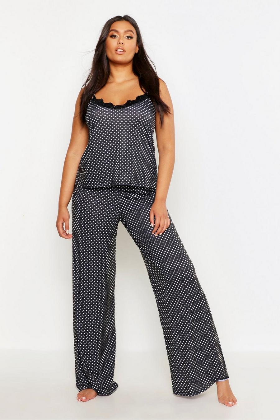 Black Plus Polka Dot Lace Trim Cami Top & Trousers Pyjama Set image number 1