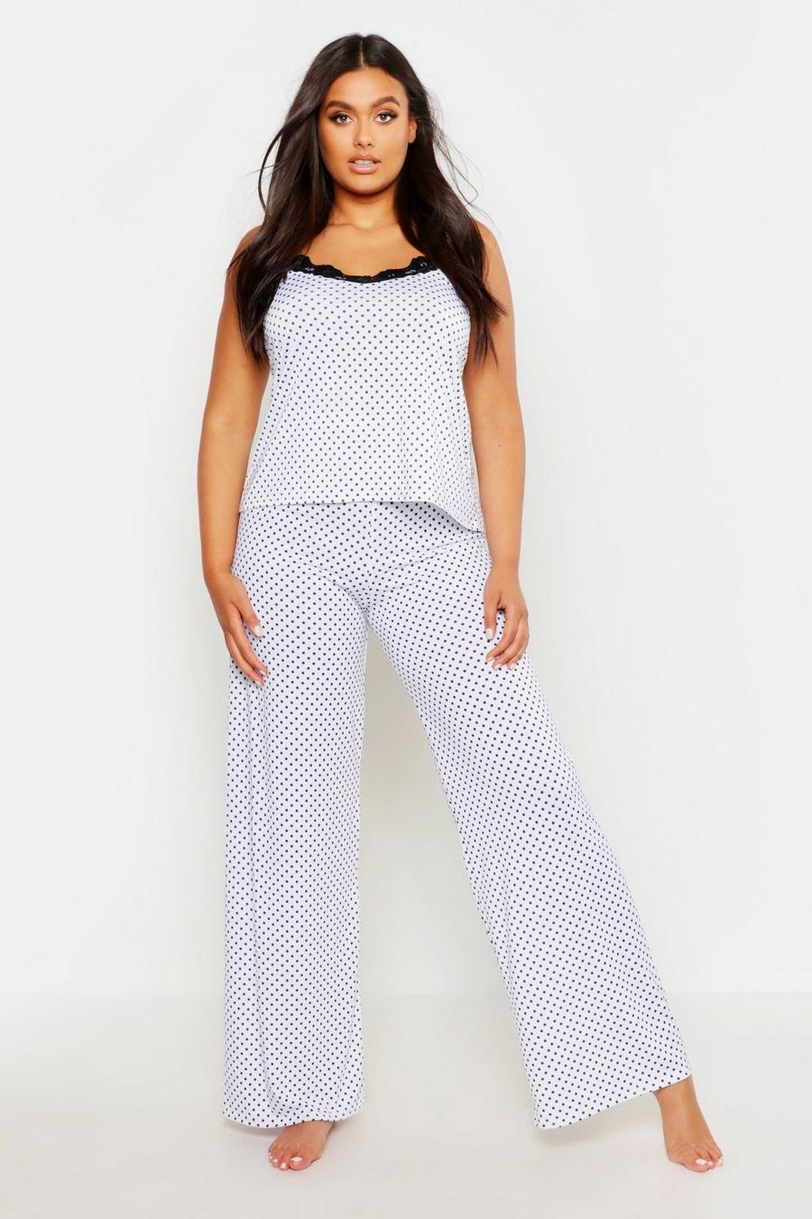 White Plus Polka Dot Lace Trim Camisole & Pants Pajama Set image number 1