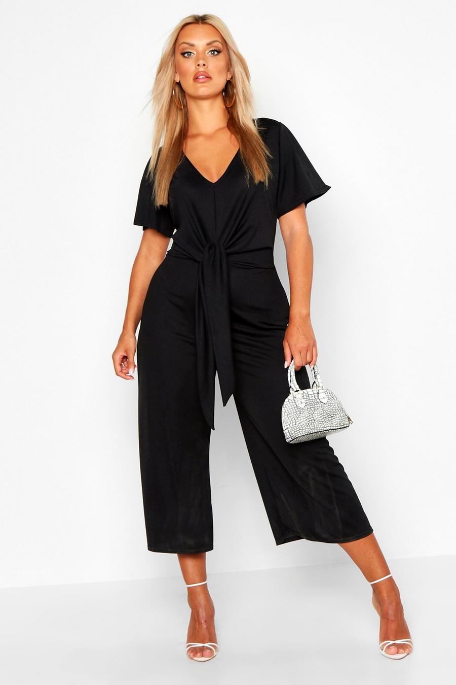 Black Plus Tie Front Angel Sleeve Culotte Jumpsuit image number 1