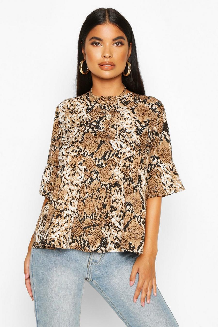 Petite Woven Snake Print Frill Sleeve Smock Top image number 1