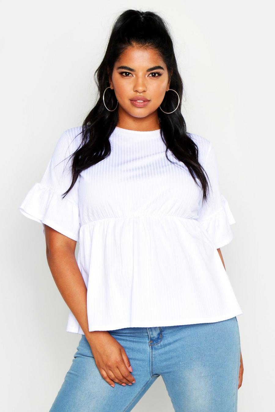 White Plus Rib Frill Sleeve Smock Top image number 1