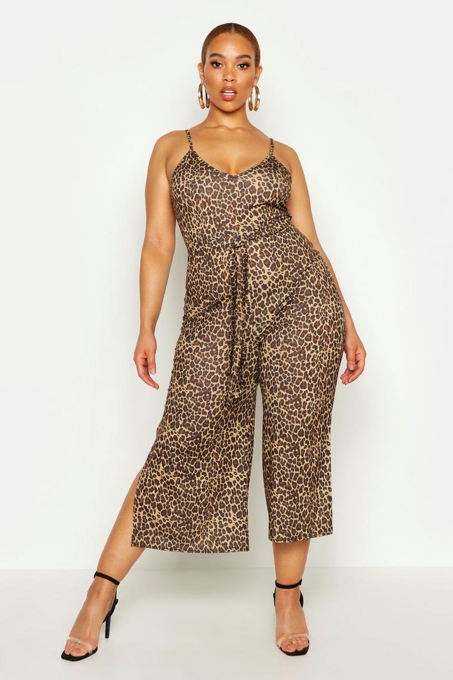 Brown Plus - Leopardmönstrad jumpsuit i culottemodell med knytband image number 1