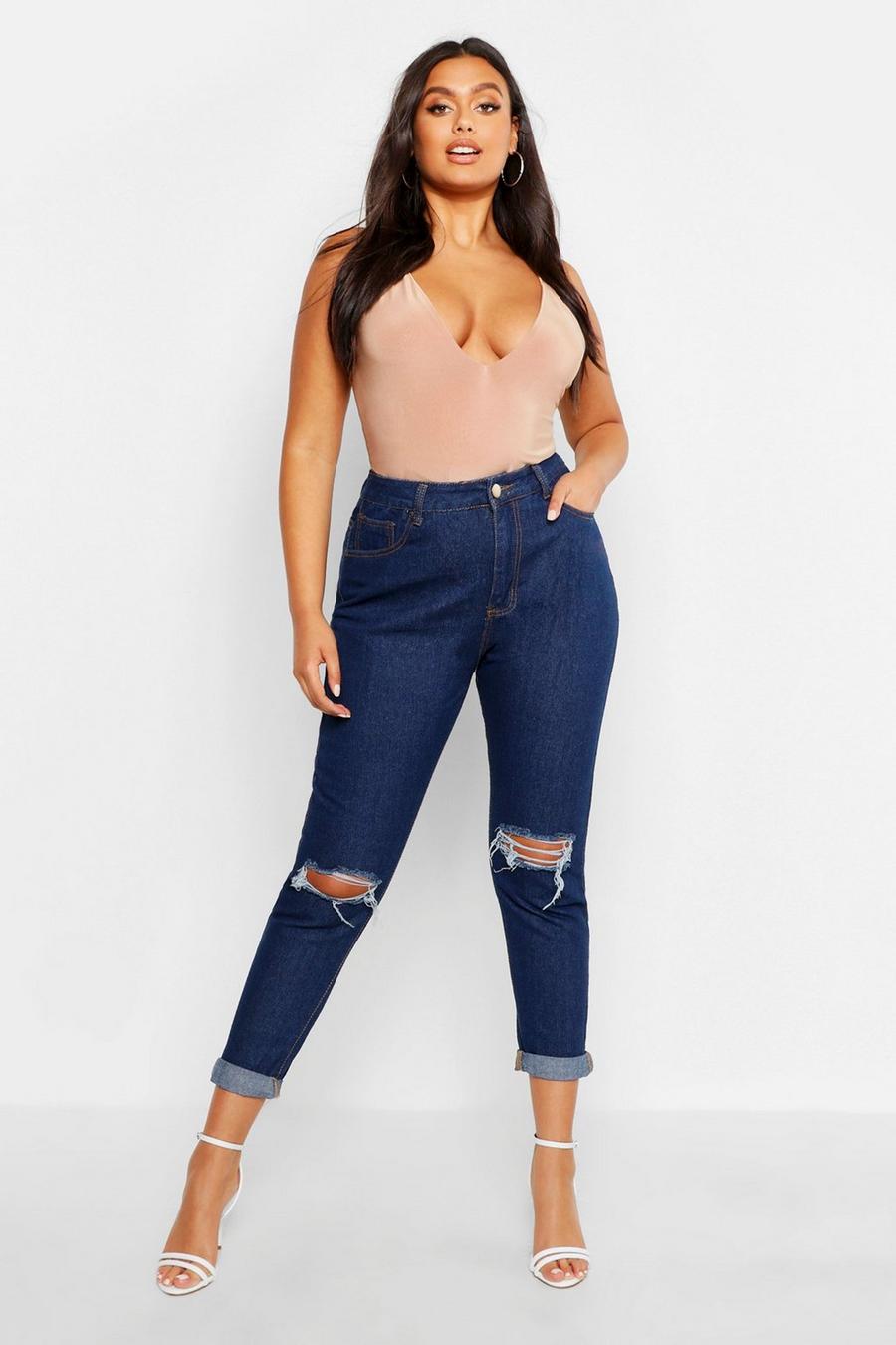 Plus Mom-Jeans mit Riss am Knie, Dunkle waschung blue