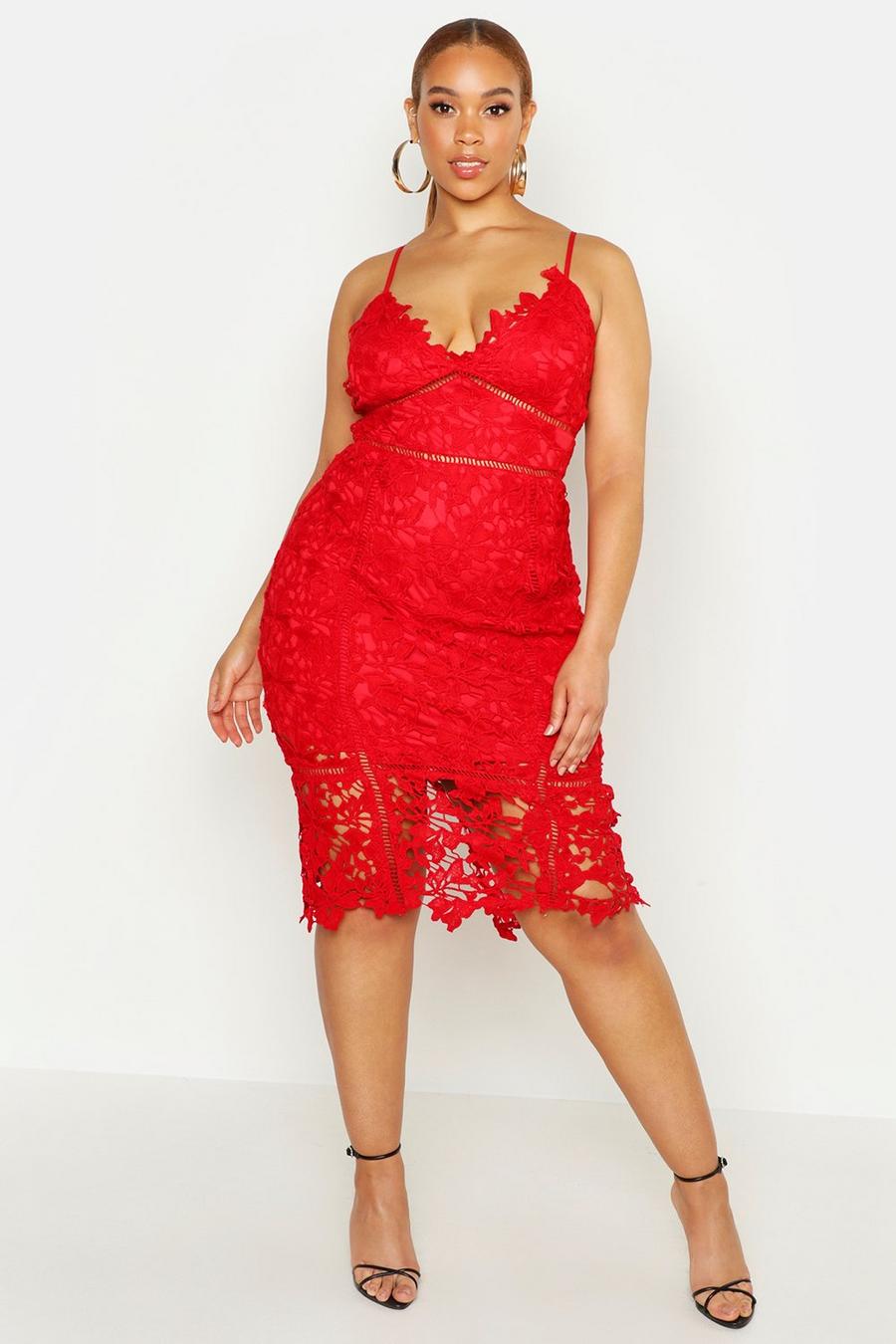 Vestido Midi de encaje de crochet con estampado de crochet Premium Plus, Rojo rosso