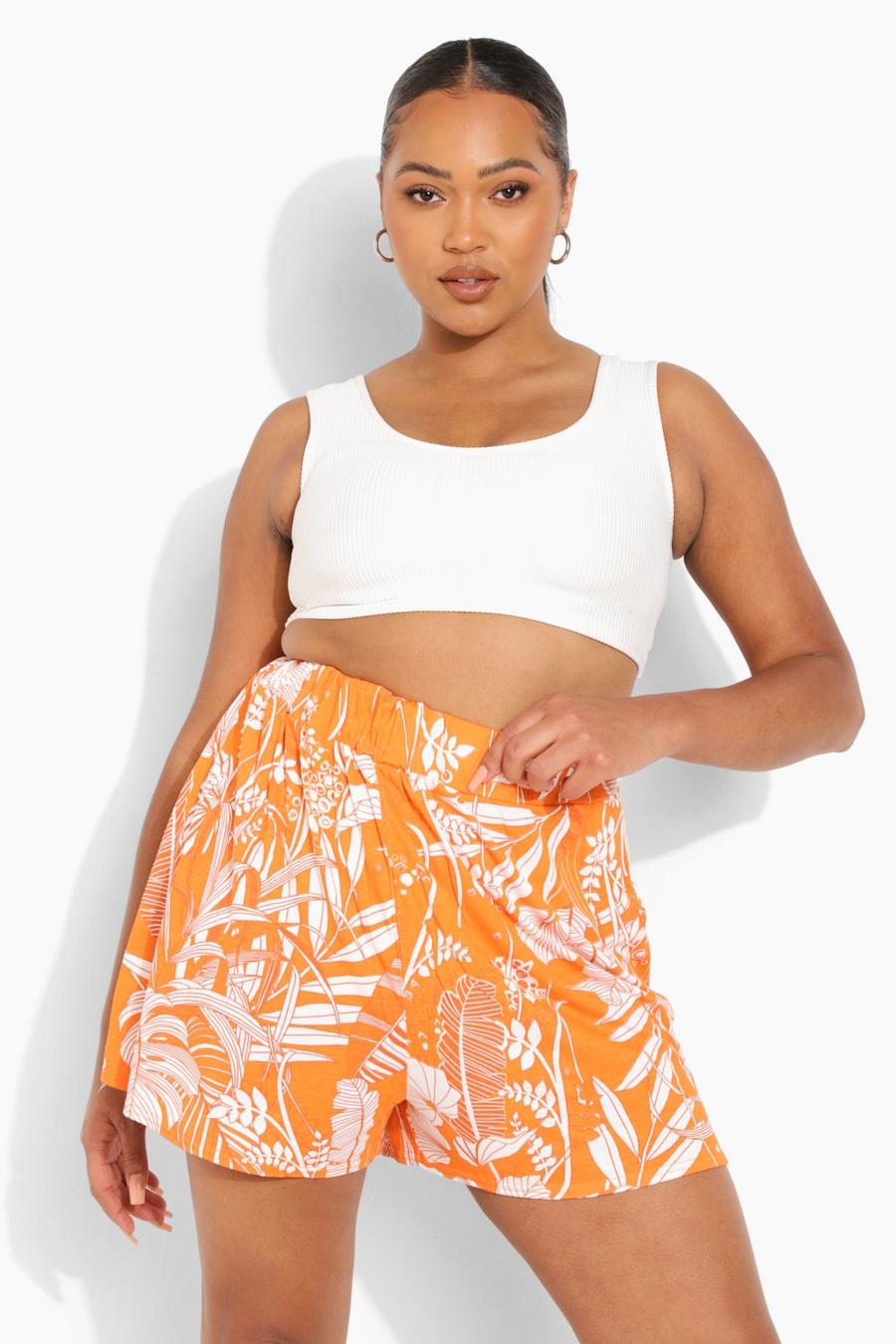 Plus Kurze Hose mit Tropical Print, Orange image number 1