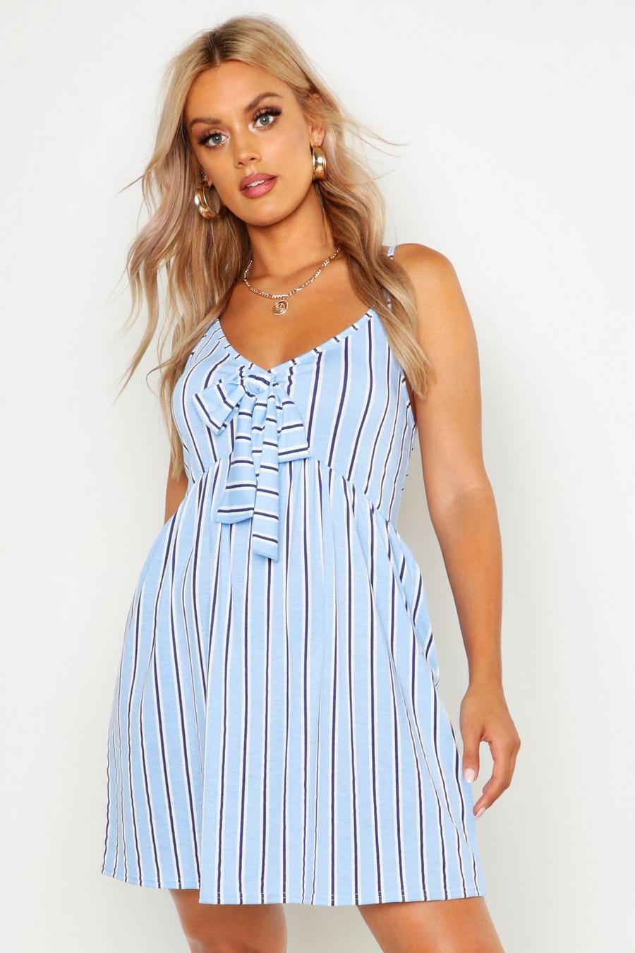 Blue Plus Stripe Print Tie Front Strappy Sundress image number 1