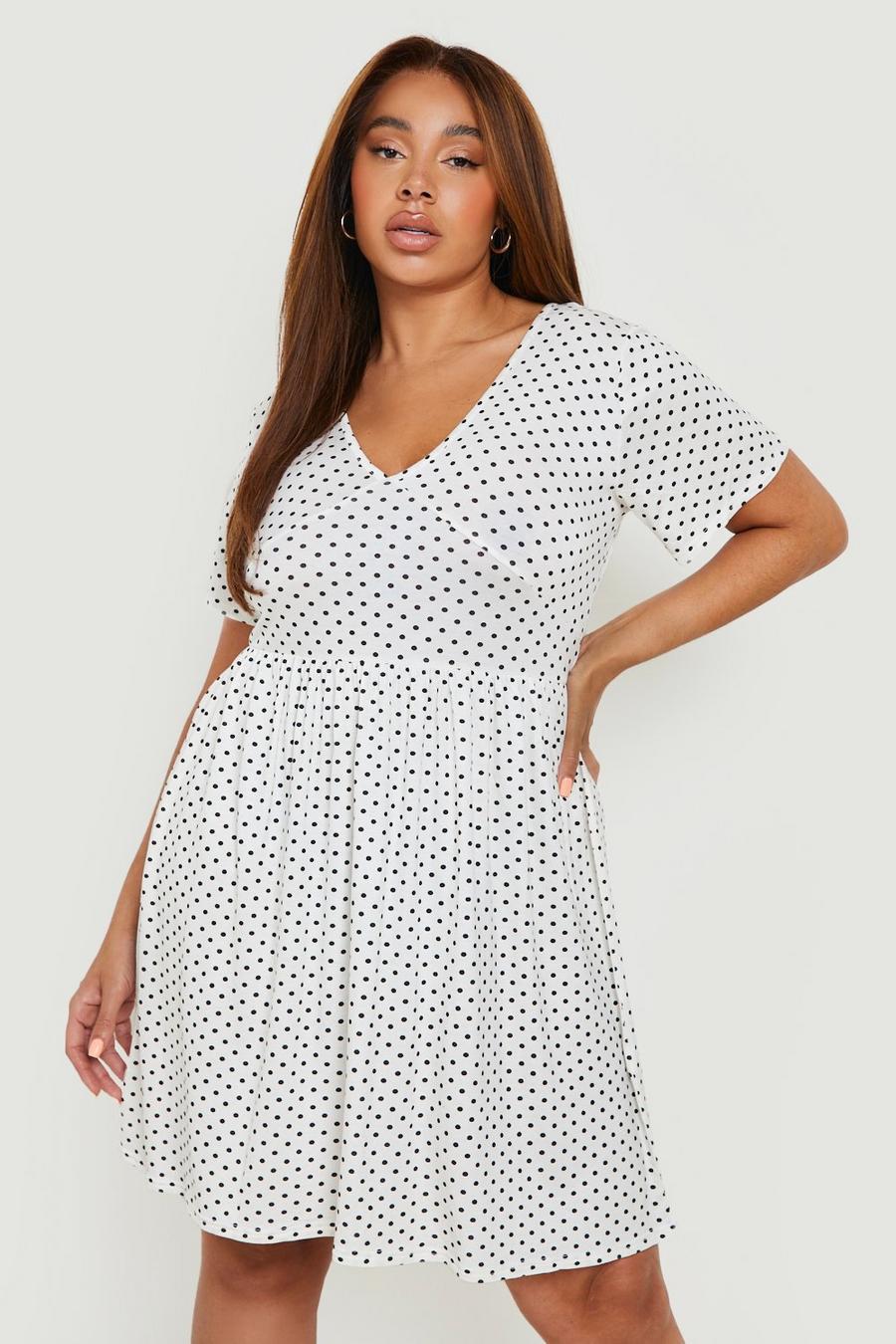 לבן שמלת קיץ עם מחשוף עמוק, נקודות פולקה ושרוולי קאפ מידות גדולות image number 1